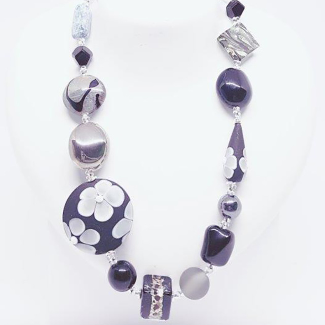 Silver/Black Multi-Beaded Murano Glass Necklace