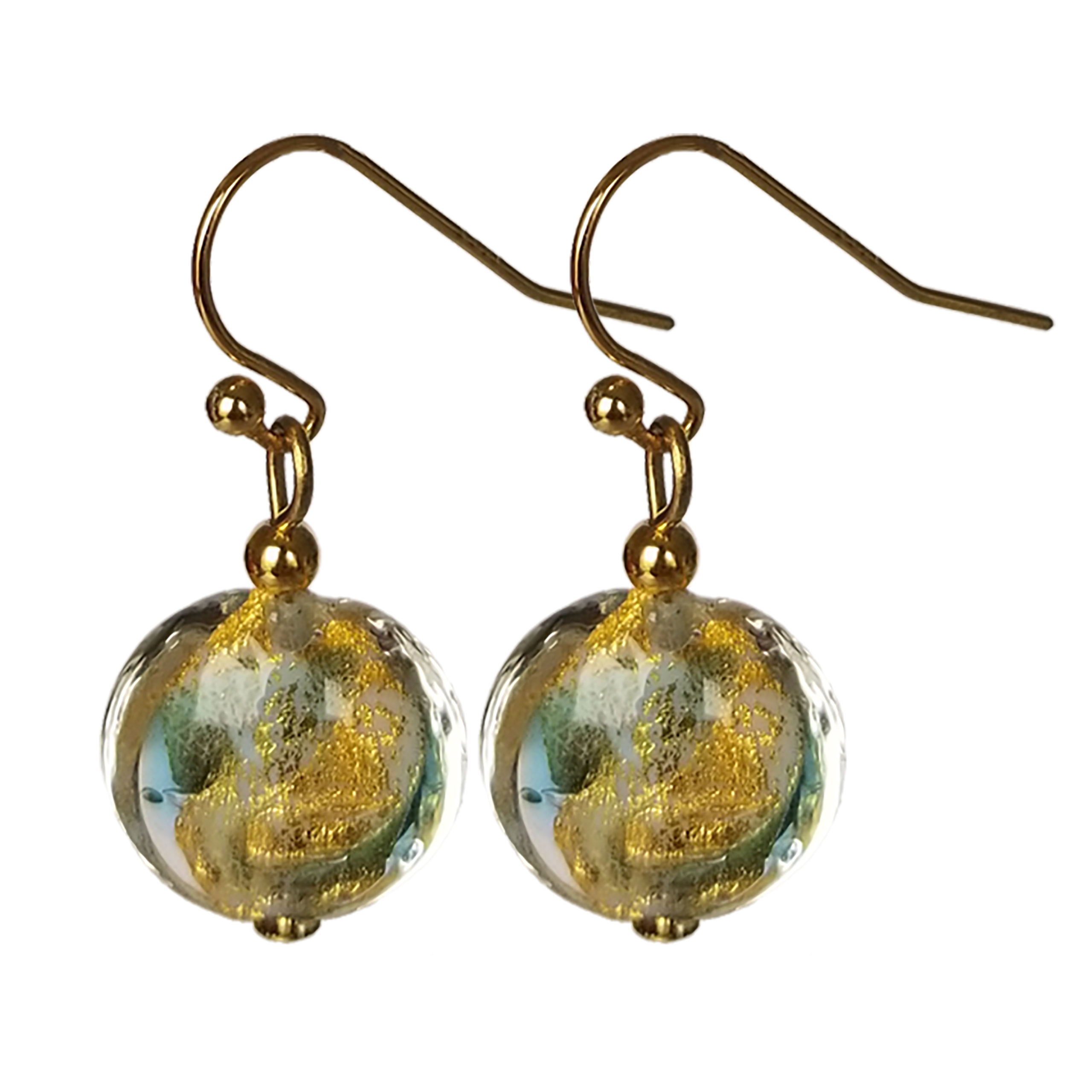 Lentil Bead Sky Blue/Gold Swirl Murano Glass Earrings